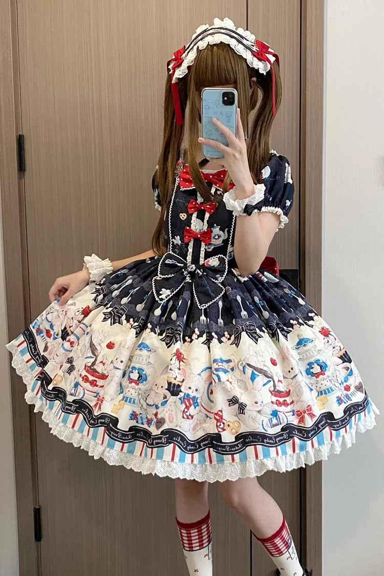 Square Collar Short Sleeve Print Ruffle Sweet Lolita Dress Black