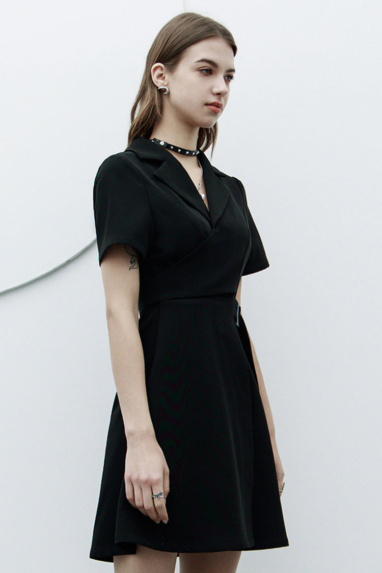 Lapel Metal Buckle Belt Collect Waist A-Shape Hem Punk Dress