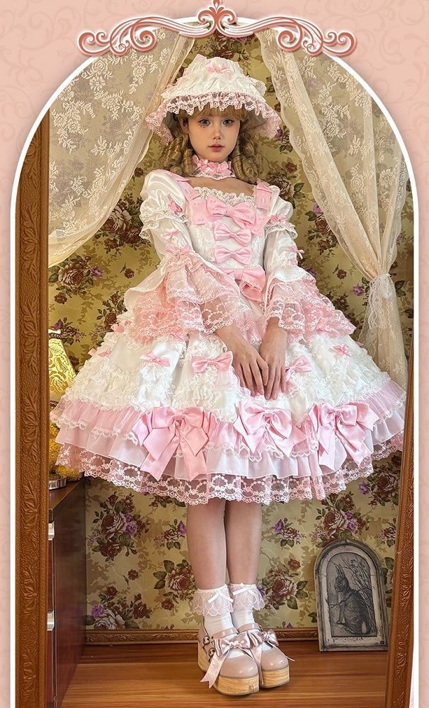 with Sweet Accents High Sleeves White Pink Waist Dress Princess Detachable Bow Lolita