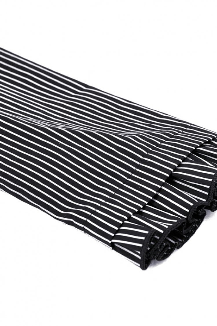 Lapel Collar Long Puff Sleeves Striped Preppy Gothic Dress
