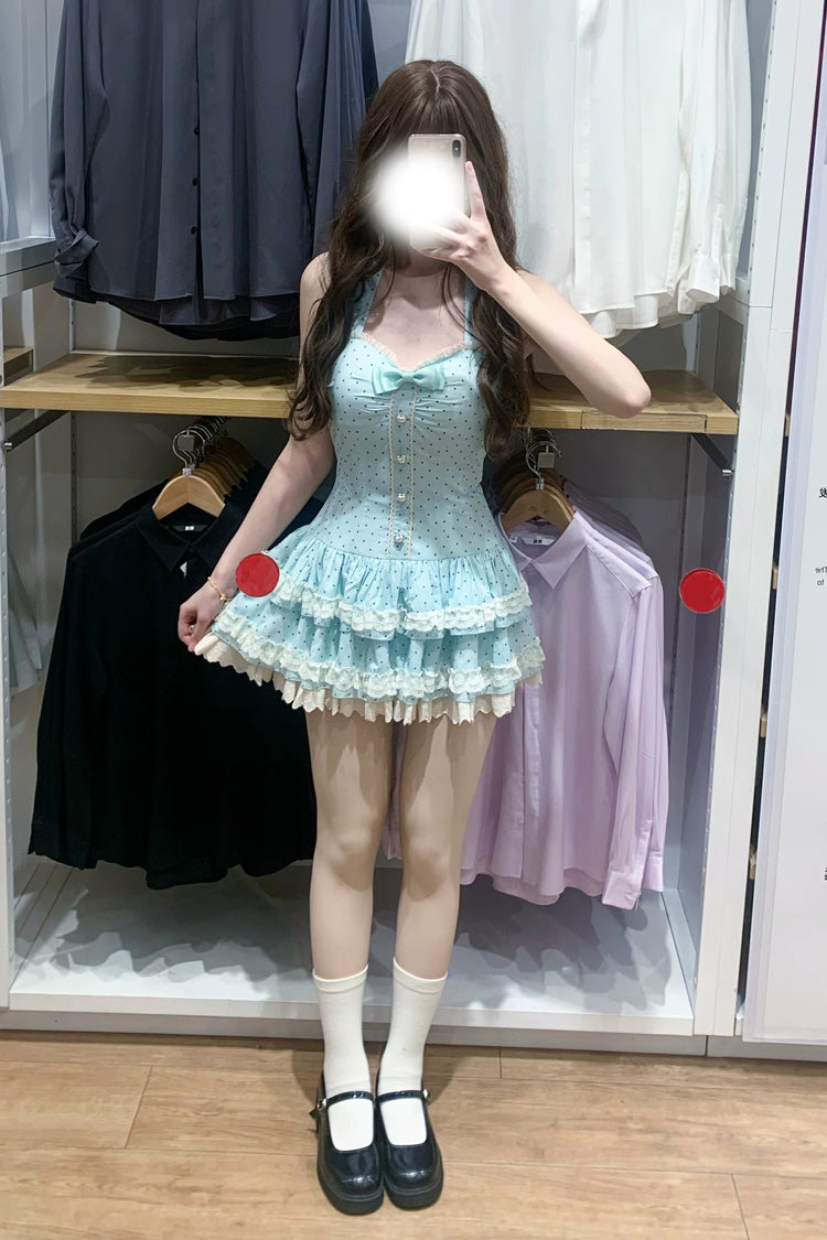 Halter Sleeveless Layered Ruffled Bow Sweet JSK - Summer Mint