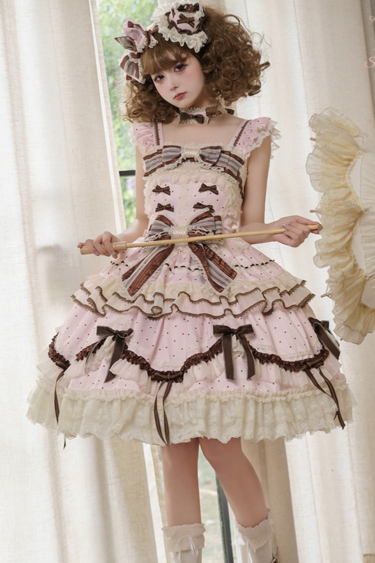 Sleeveless Print Ruffle Bow Lace-Up Sweet Elegant Lolita Jumper Dress - Pink