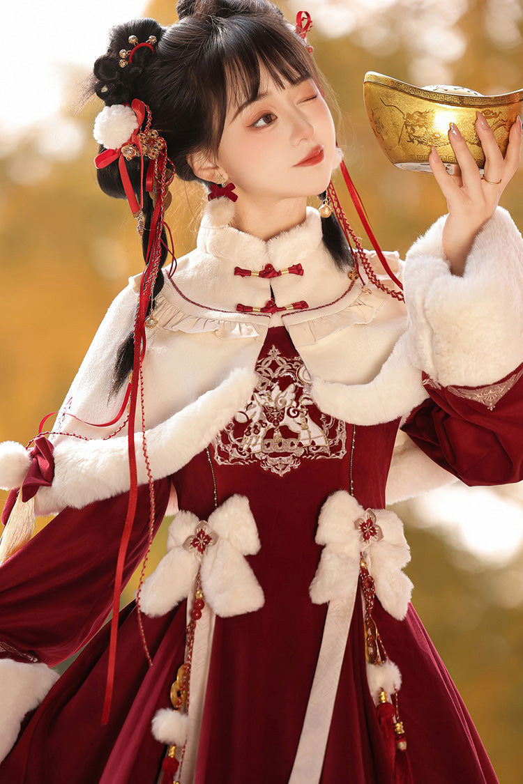 Crimson Embroidered Bow Chinese Sweet Lolita Hanfu Dress