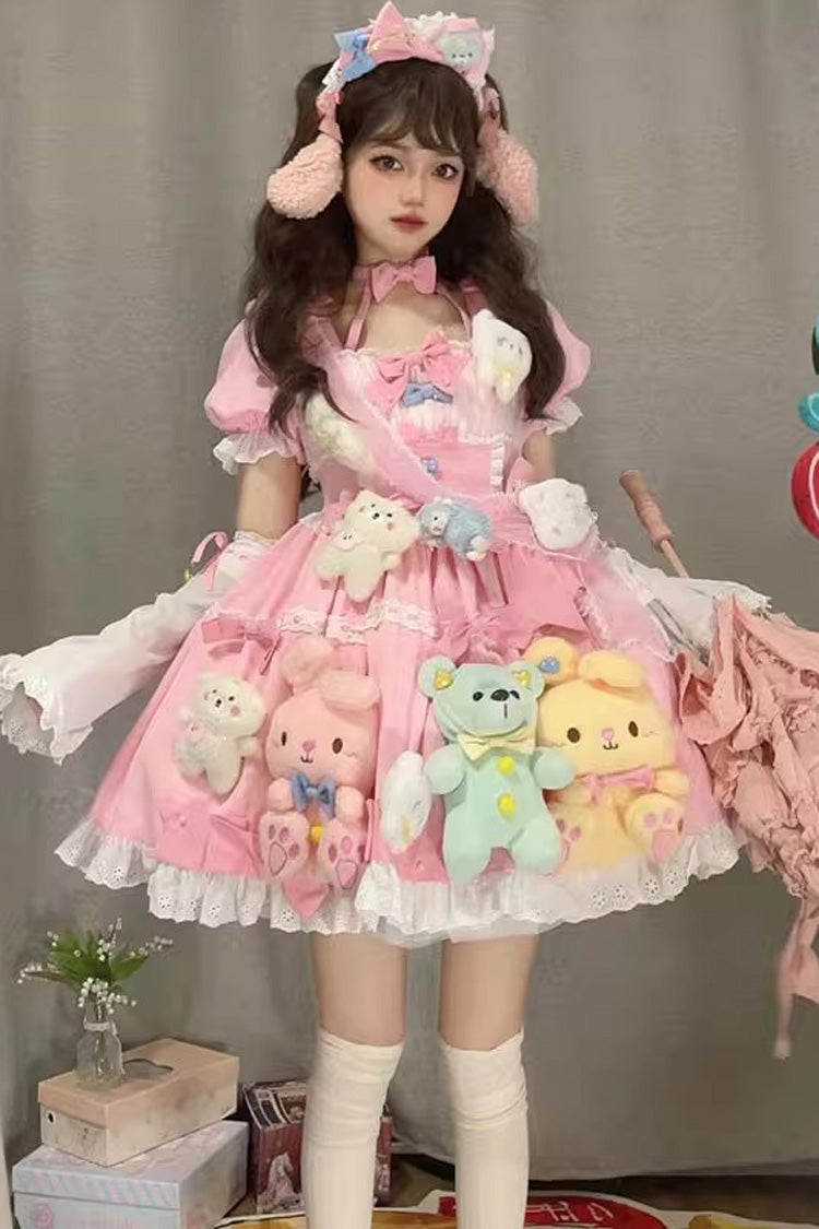 Pink Square-Collar Doll-Print Detachable-Sleeve Bow-Trimmed Princess Sweet Dress