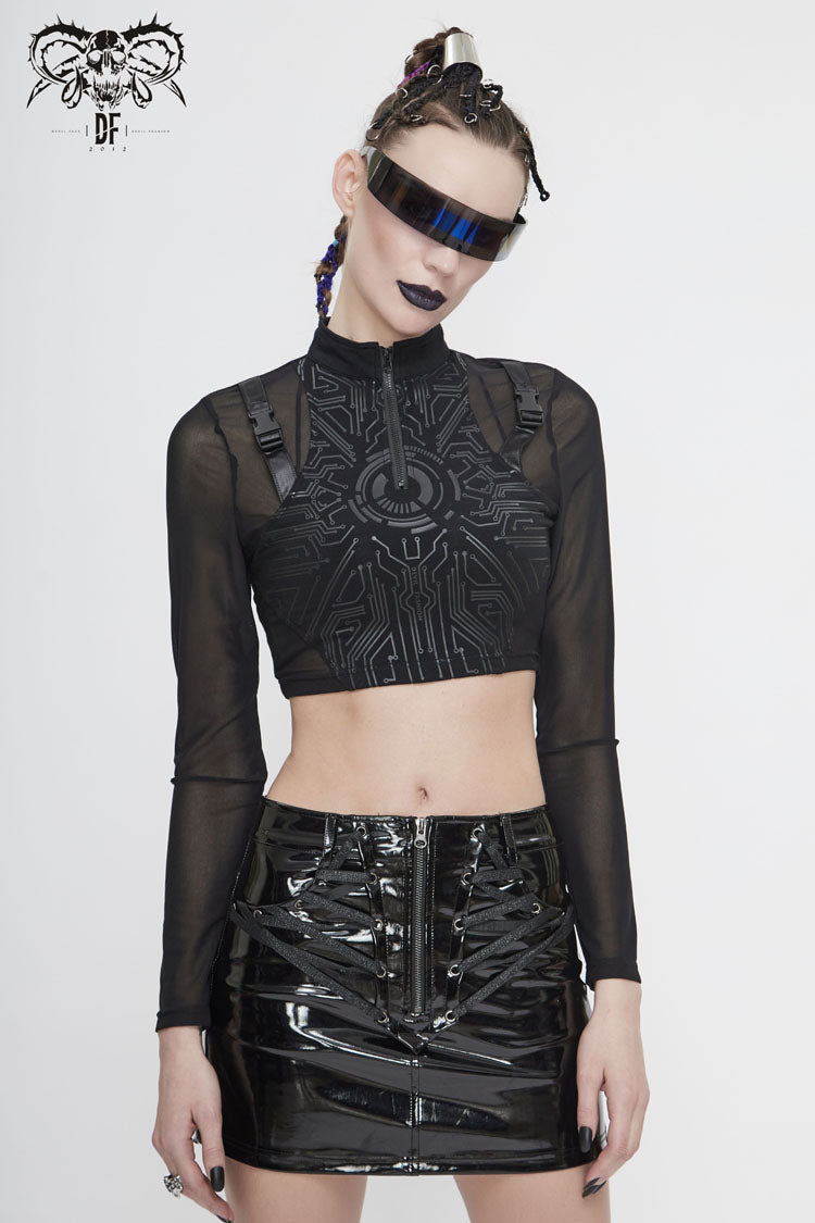Pitch Crewneck Lace Check Short Gothic Top for Women