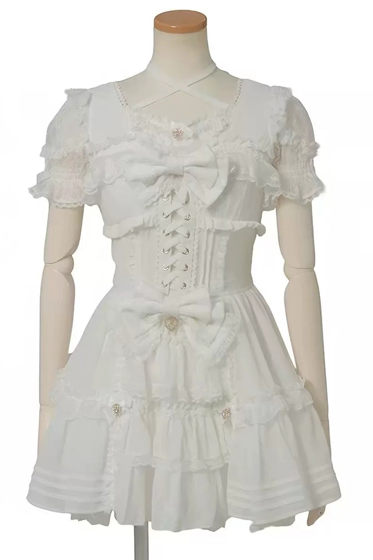Ruffled Lace-Up Bow Print Long Sleeve Jirai Dress Set with Triple Layers