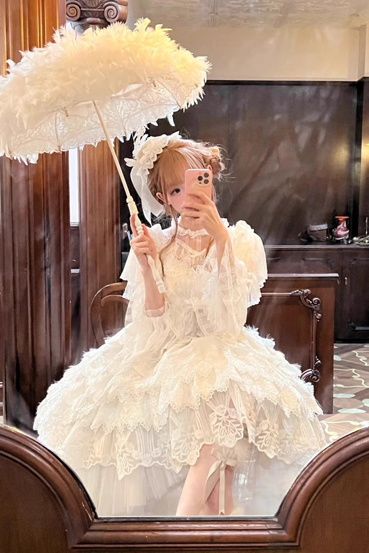 Ivory Peacock Feather Multi-Ruffle Bridal Cardigan Bow Lace Lolita JSK Set