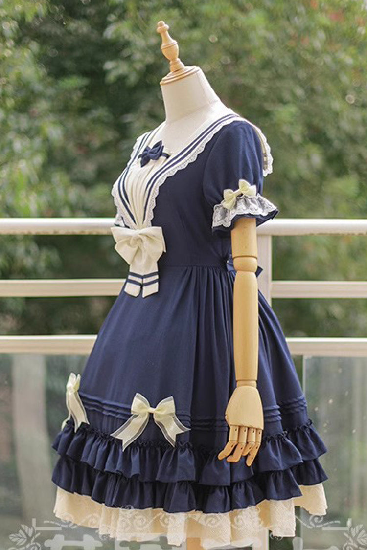 Navy-Inspired Sweet Lolita Dress with Short Sleeves and Bow in 4 Colorways