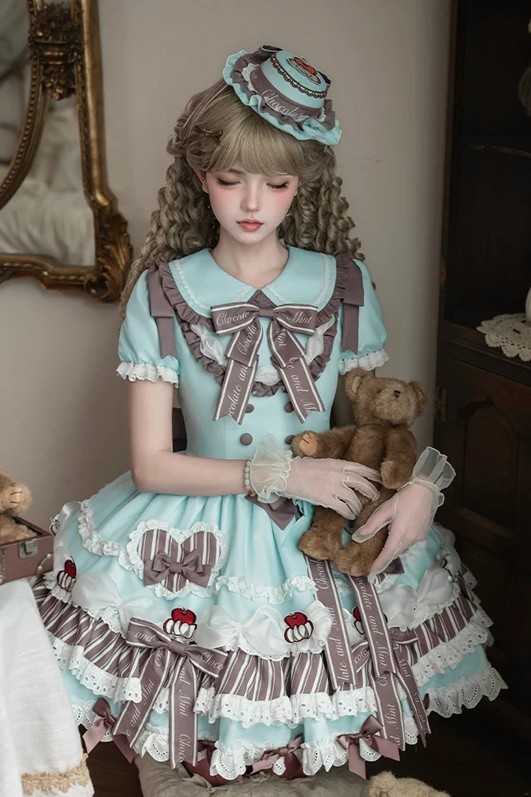 Cherry Mille-Feuille Lapel Collar Short Sleeve Printed Lace Sweet Dress
