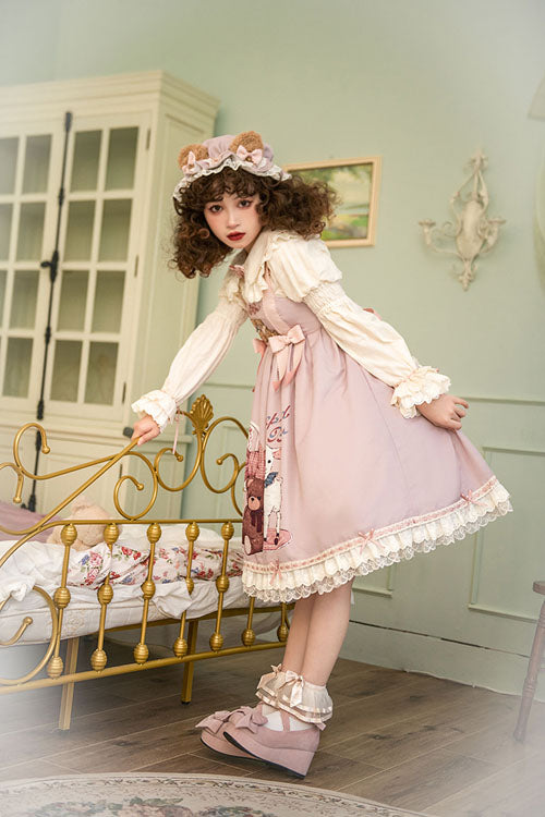 Pink Sheep & Bear Print Alice Girl Bow Ruffled Sweet Lolita JSK Dress - Altfashion Shop