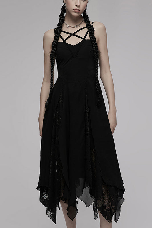 Gothic Sleeveless Dress with Chiffon Layers, Lace & Irregular Hem, Sling Detail