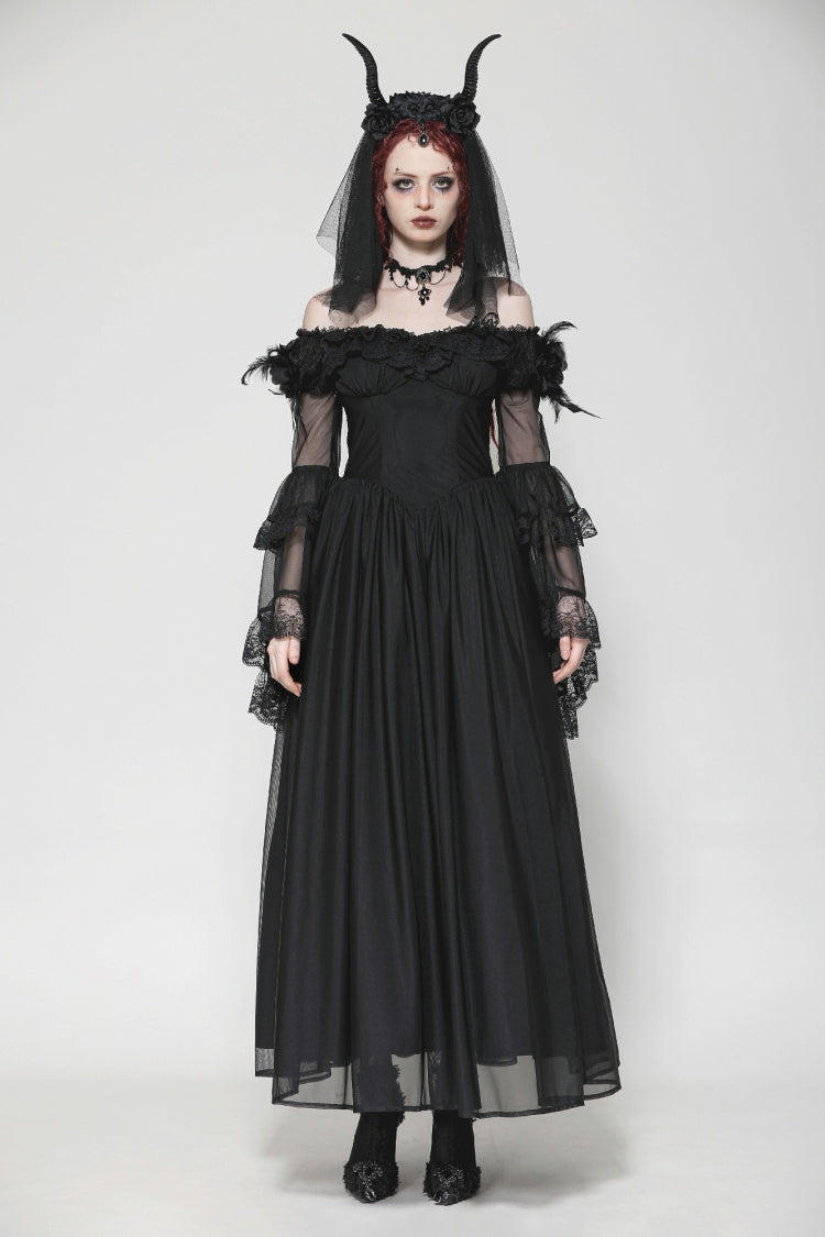 Elegant Gothic Off-Shoulder Tulle Gown with Lace Trim and Flared Sleeves