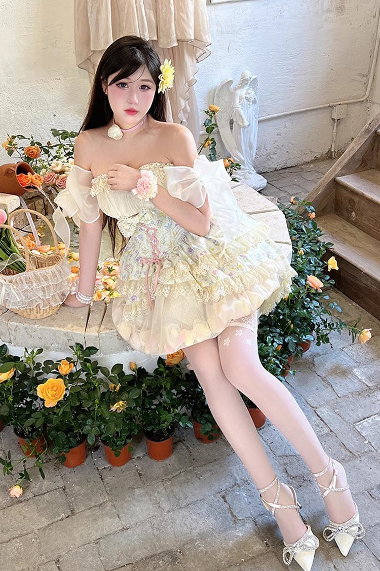 Cream Flower Story Tulip Print Bow Lace Sweet Lolita Skirt
