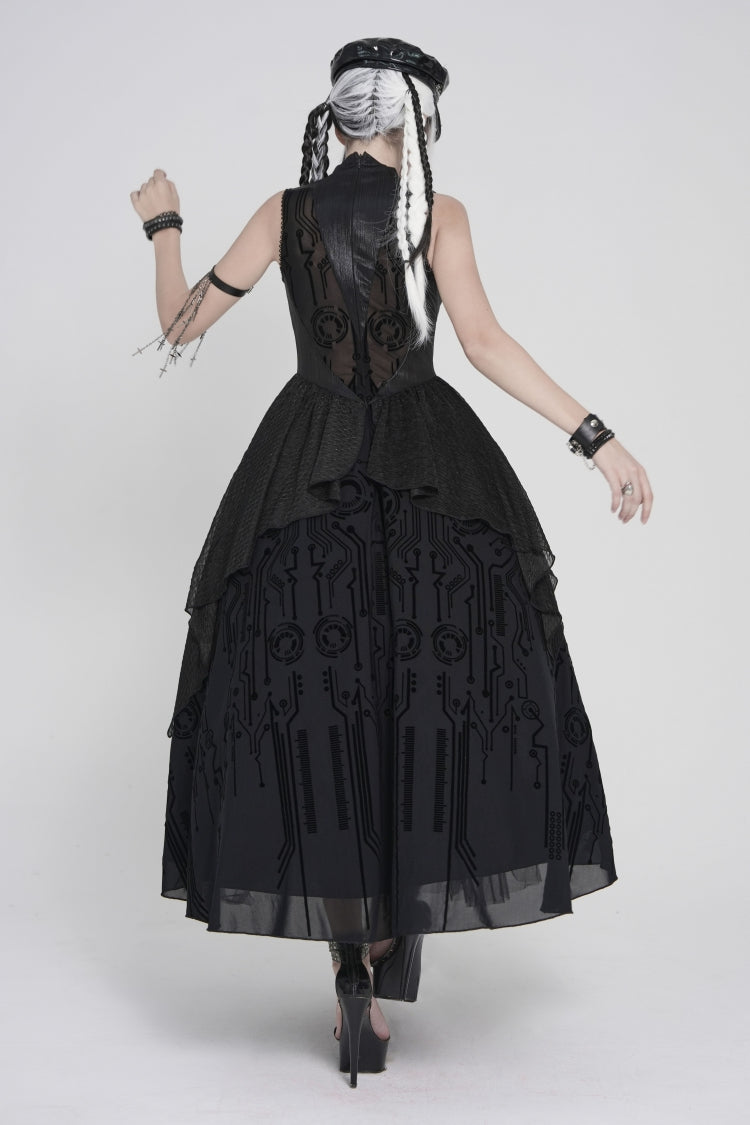 Stand Collar Sleeveless Multi-Layered Printed Sheer Punk Elegant Gorgeous Dress