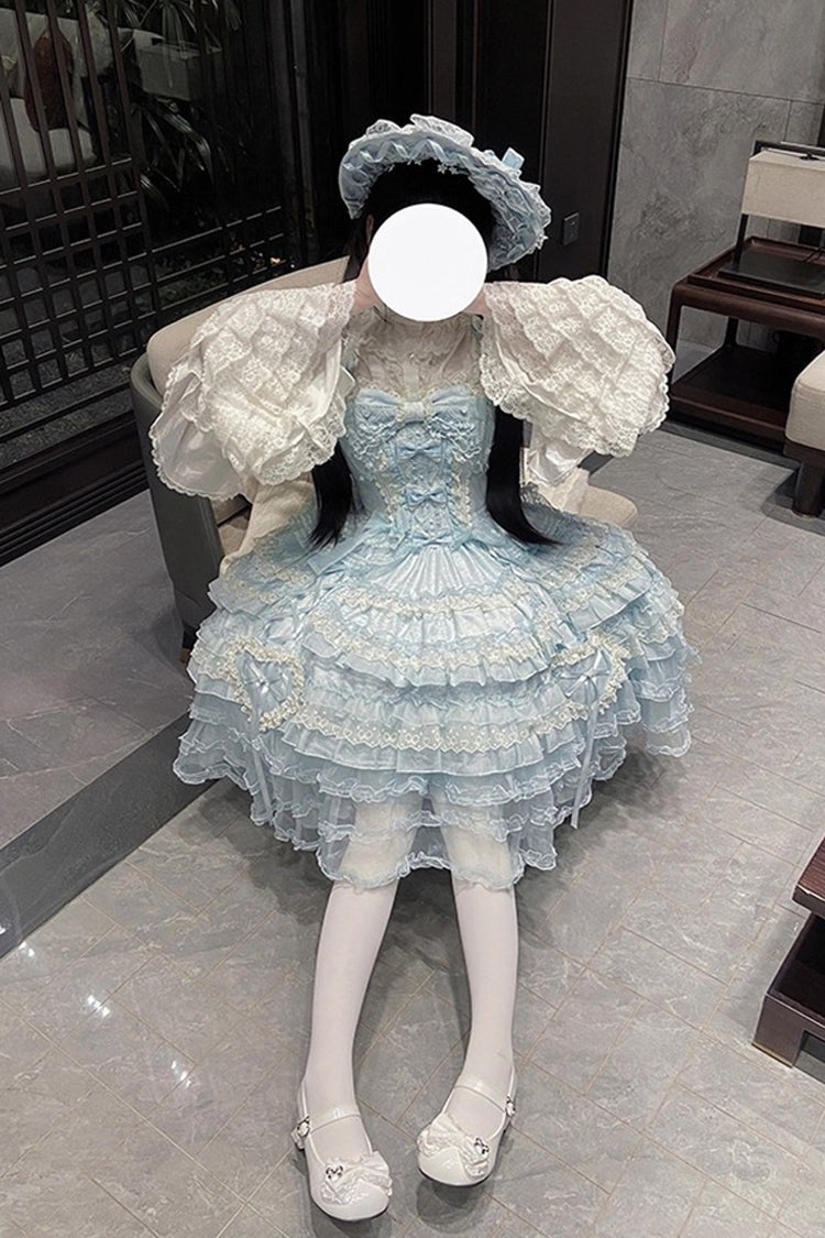 Blue Multi-Layered Ruffled Hanayome Embroidered Bow Lace Sweet JSK - Sweetheart Diary