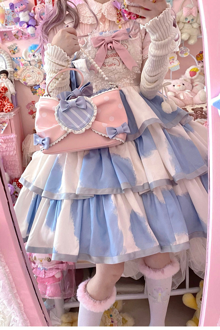 Azure Cow-Print Bowknot Sweet JSK with Triple Ruffles