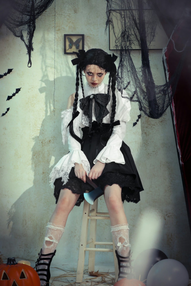 Black/White Asymmetric Puff Sleeve Gothic Mini Dress