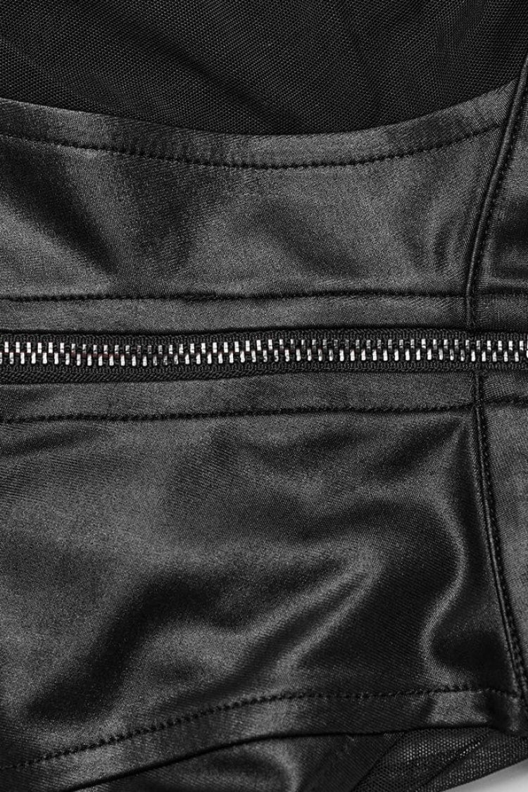 Pitch-Black Sheer Vest with Leather Stitch Details