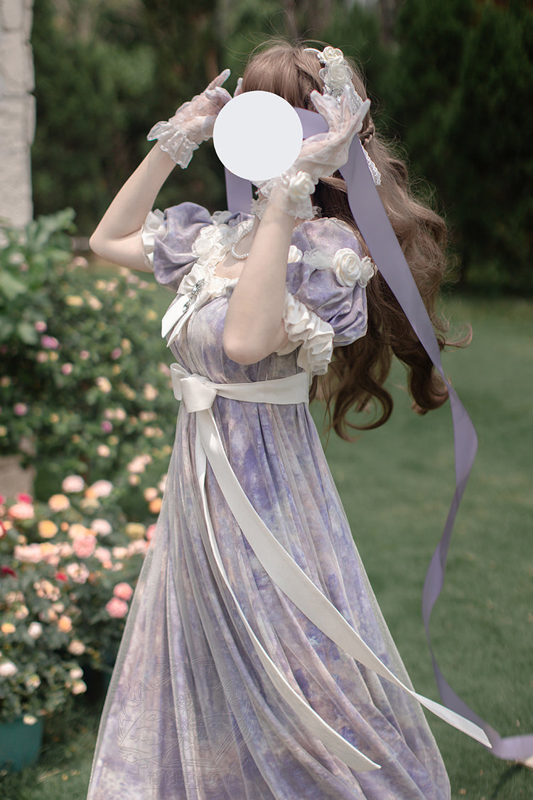 Violet Sun Moon Poem Short Sleeve Printed Bow Princess Lolita Dress