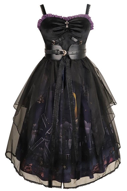 Ebony JSK Dress - Witch Town Print Gothic with Veil