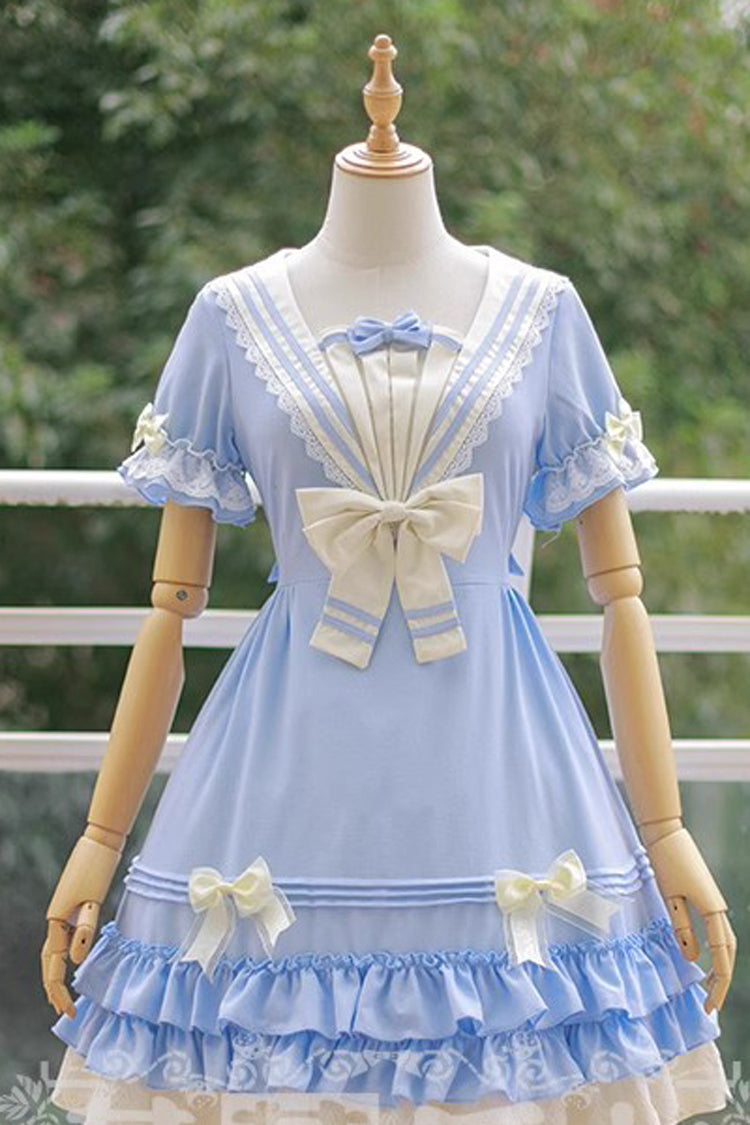 Navy-Inspired Sweet Lolita Dress with Short Sleeves and Bow in 4 Colorways