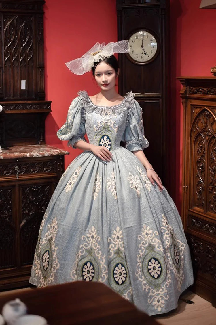 Blue Printed Embroidery Victorian Dress - Vintage Lolita