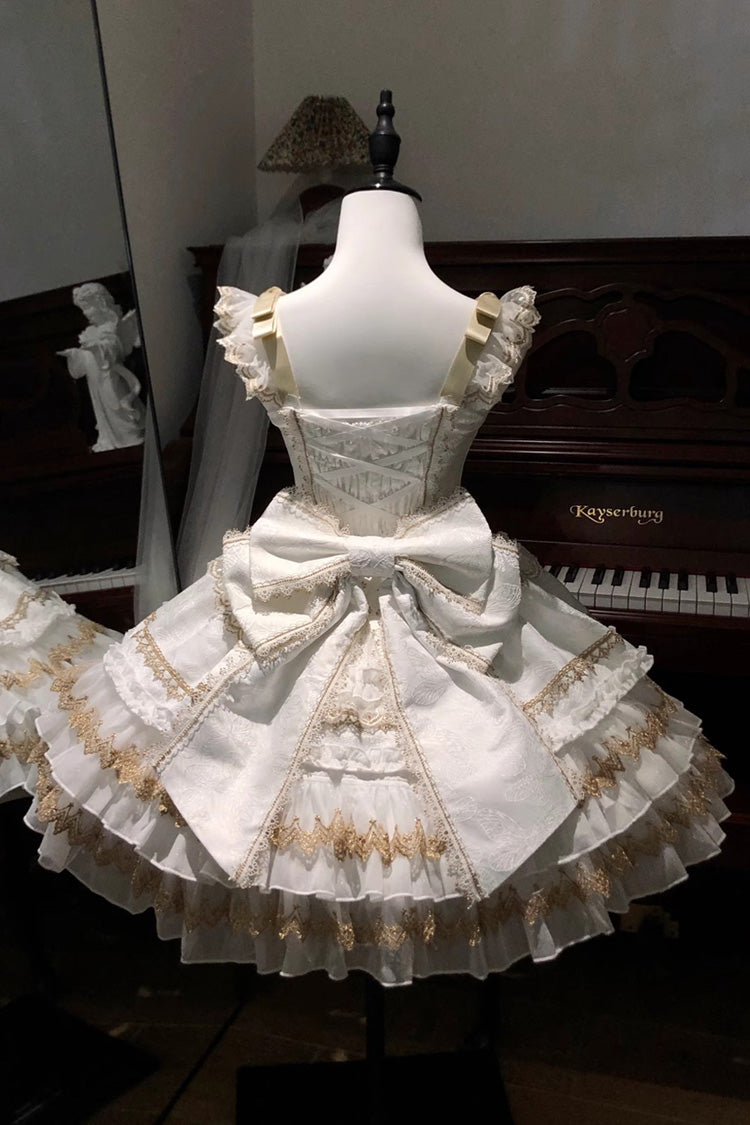 Ivory Sleeveless Double Ruffle Hot Stamping Bow Lace JSK