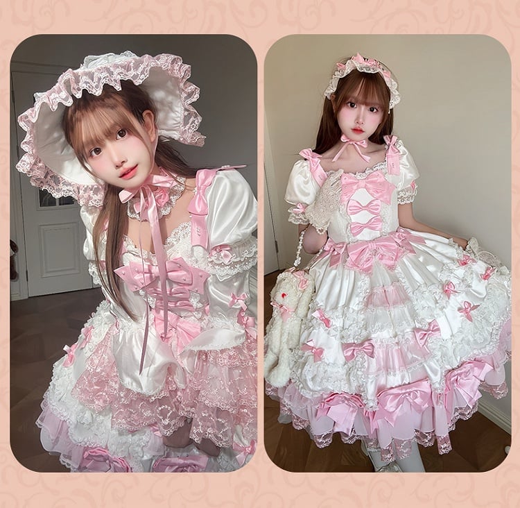 with Sweet Accents High Sleeves White Pink Waist Dress Princess Detachable Bow Lolita