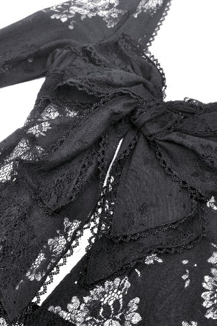 Jet-Black Elegant Robe with Lace Trim and Lacing for Women