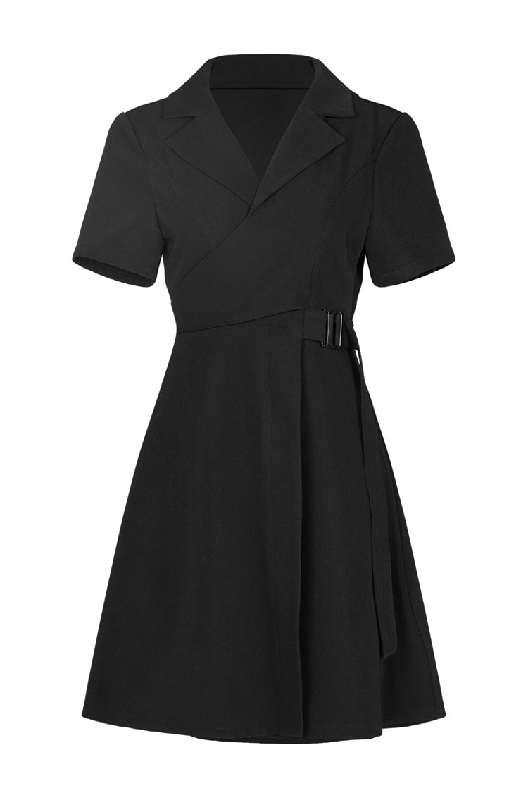 Lapel Metal Buckle Belt Collect Waist A-Shape Hem Punk Dress