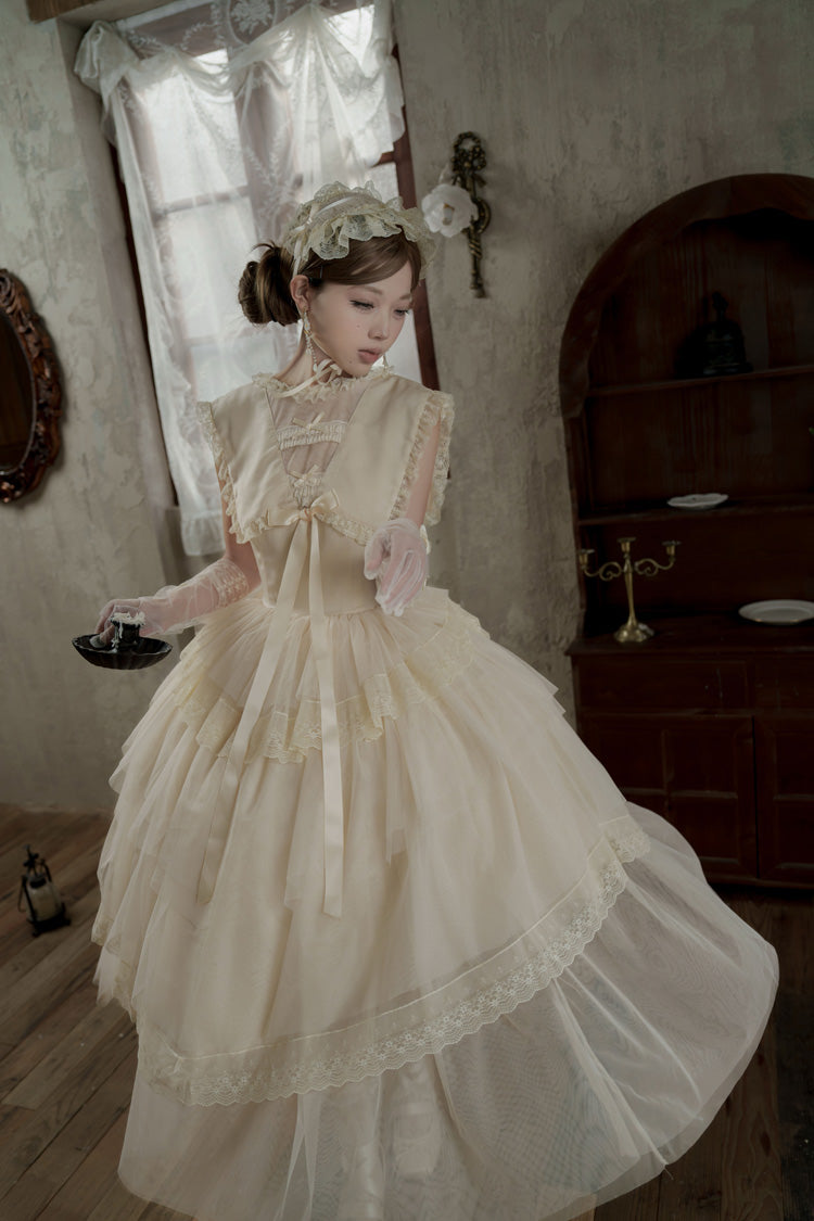 Ivory Elegant Dress with Triple Ruffles and Bow Embellishments - Dream by the Pillow