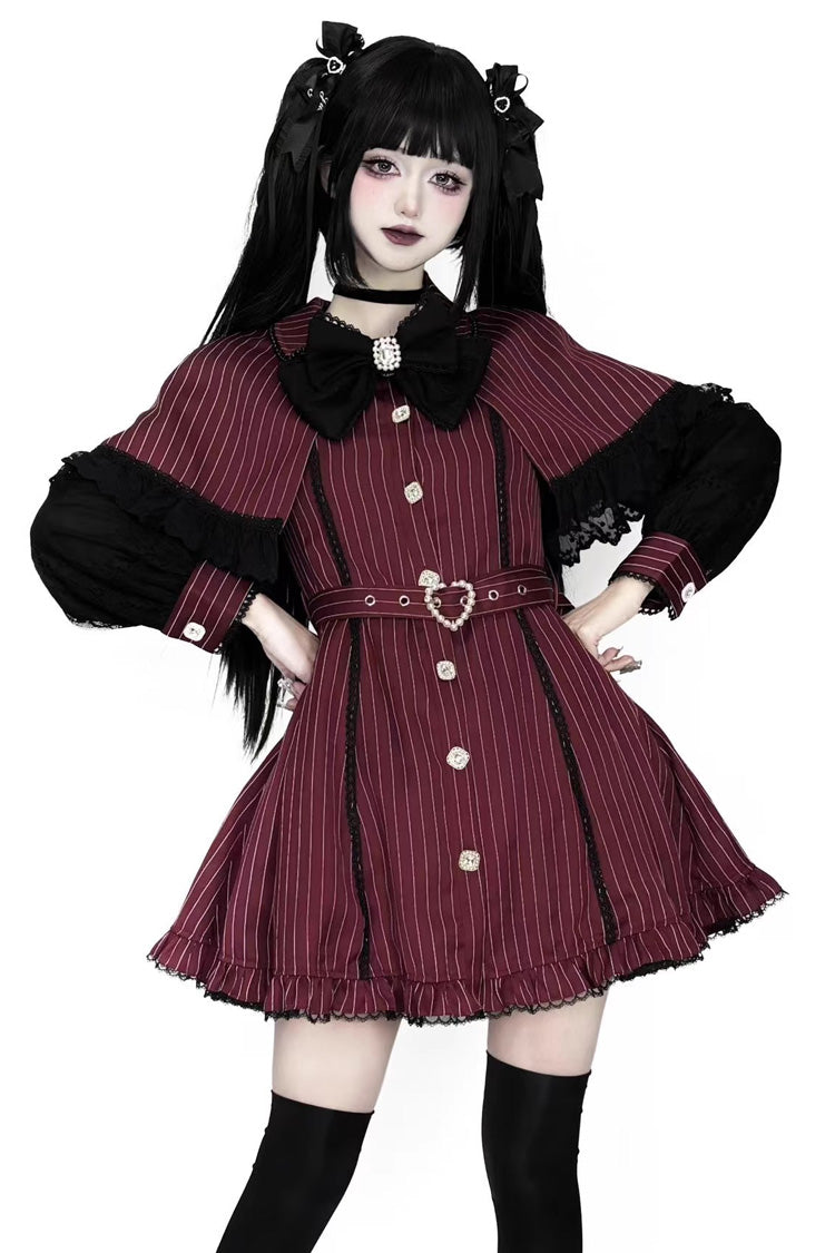 Scarlet Striped Cape Ruffle Lace Gothic Jirai Kei Gown