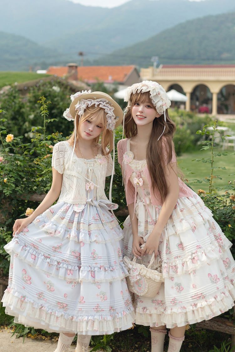 Multi-Layered Ruffled Bow Sweet JSK with Print - Strawberry Garden