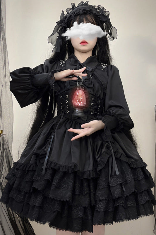 Jet Multi-Layered Bow Lace JSK Dress - Cross of Merit