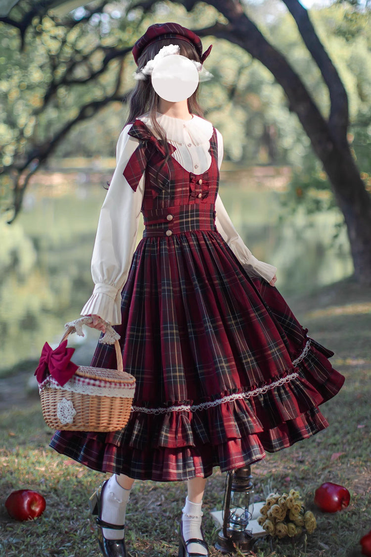 Red Plaid Print Bow Sweet Vintage Jumper - Little Red Riding Hood