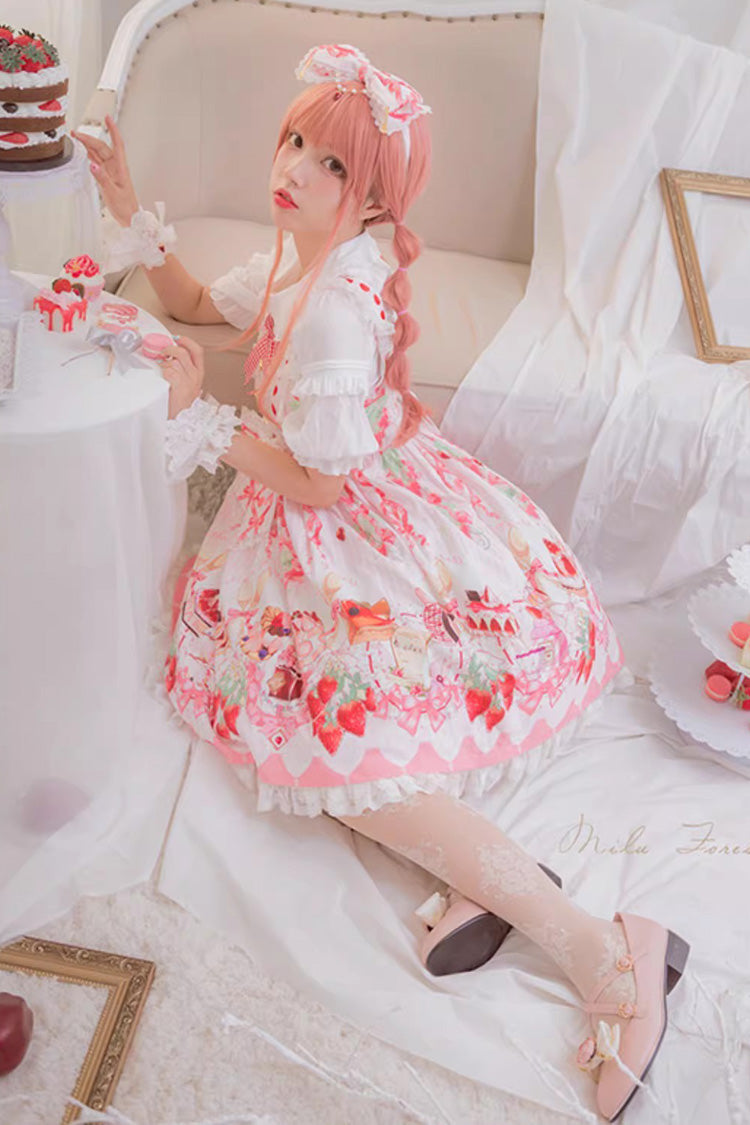 Sleeveless Ruffled Bow Sweet JSK with Print - Strawberry Feast