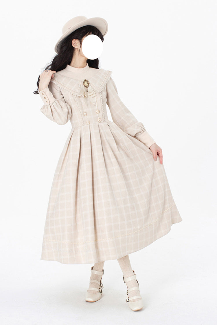 Apricot Elegant Sweet Lolita Dress with Long Sleeves Plaid Print and Bowknot Accents
