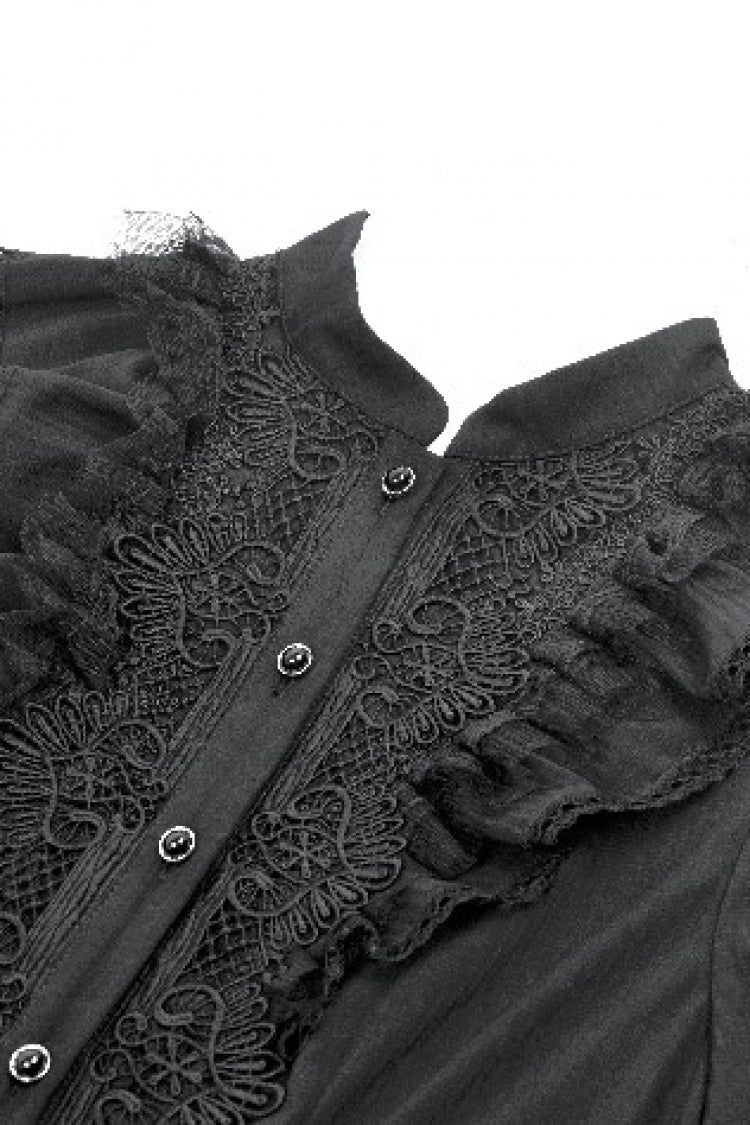 Jet-Black Lace-Up Dress with Bishop Sleeves and Layered Hem