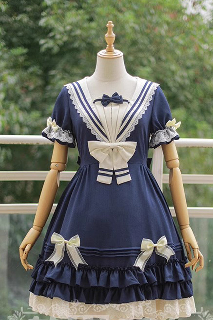 Navy-Inspired Sweet Lolita Dress with Short Sleeves and Bow in 4 Colorways