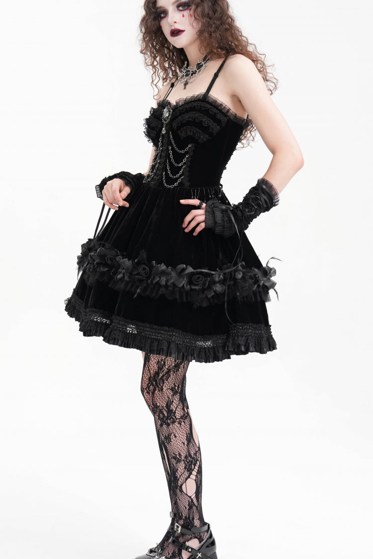 Gothic Slip Dress with Ruffle Lace and Chain for Women