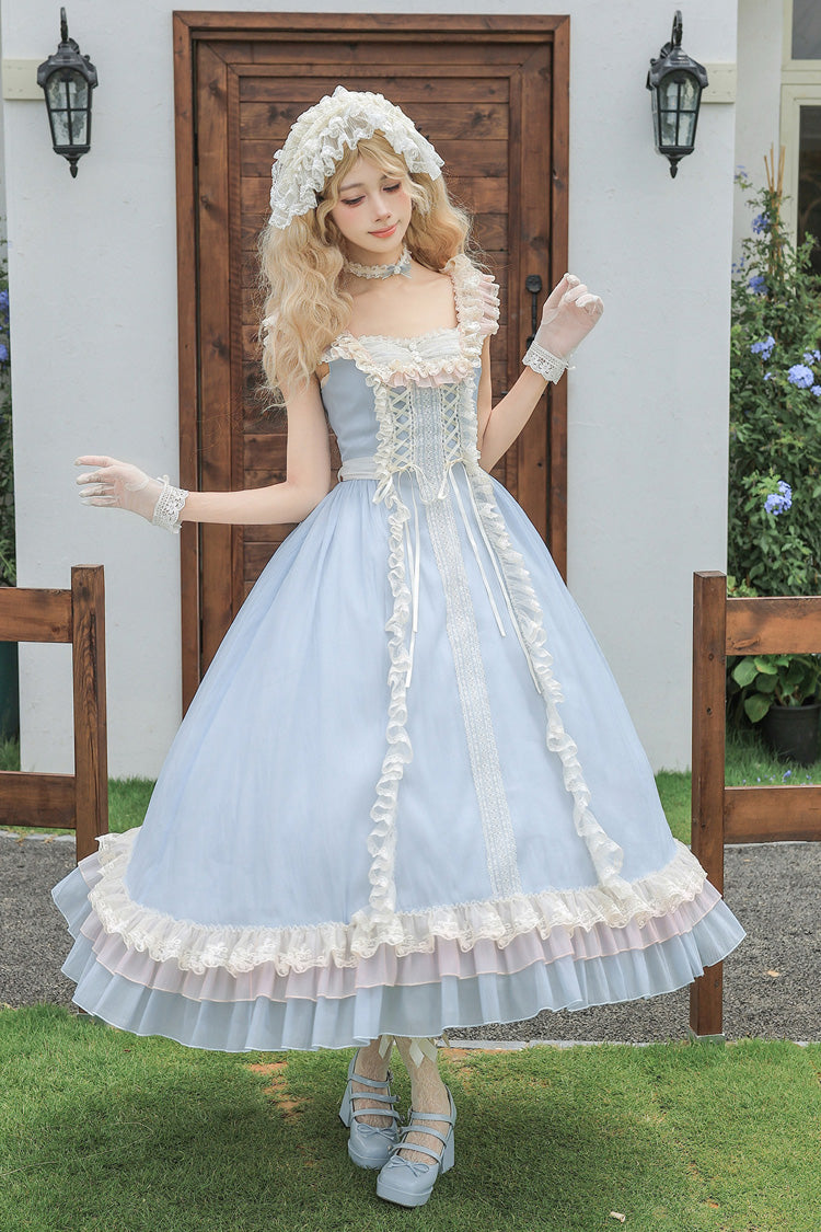 Island Diary Square Collar Flutter Sleeves Triple-Layered Ruffled Lace-Up Sweet Lolita Jsk Dress 2 Versions - Blue