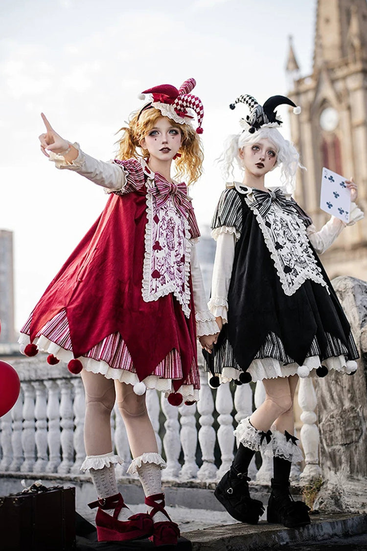 Gothic Lolita Dress Set with Ruffled Bow and Long Sleeves - Red