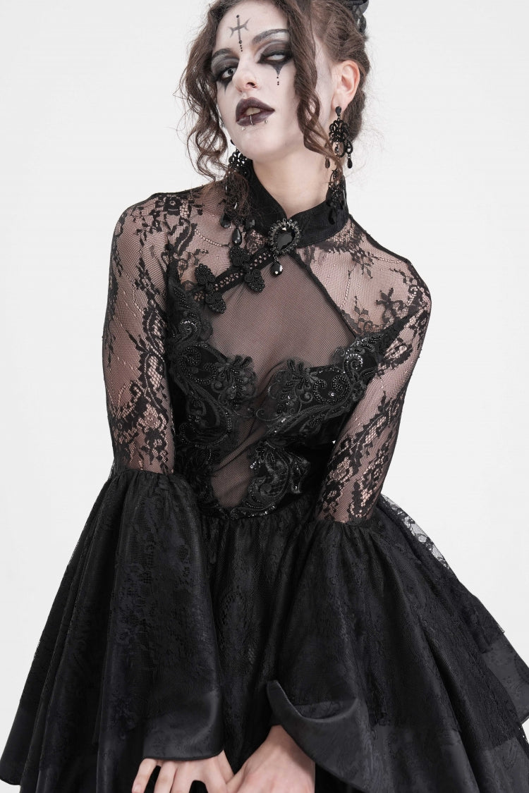 Black Long Sleeves Embroidery Lace Up Irregular Mesh Gothic Dress