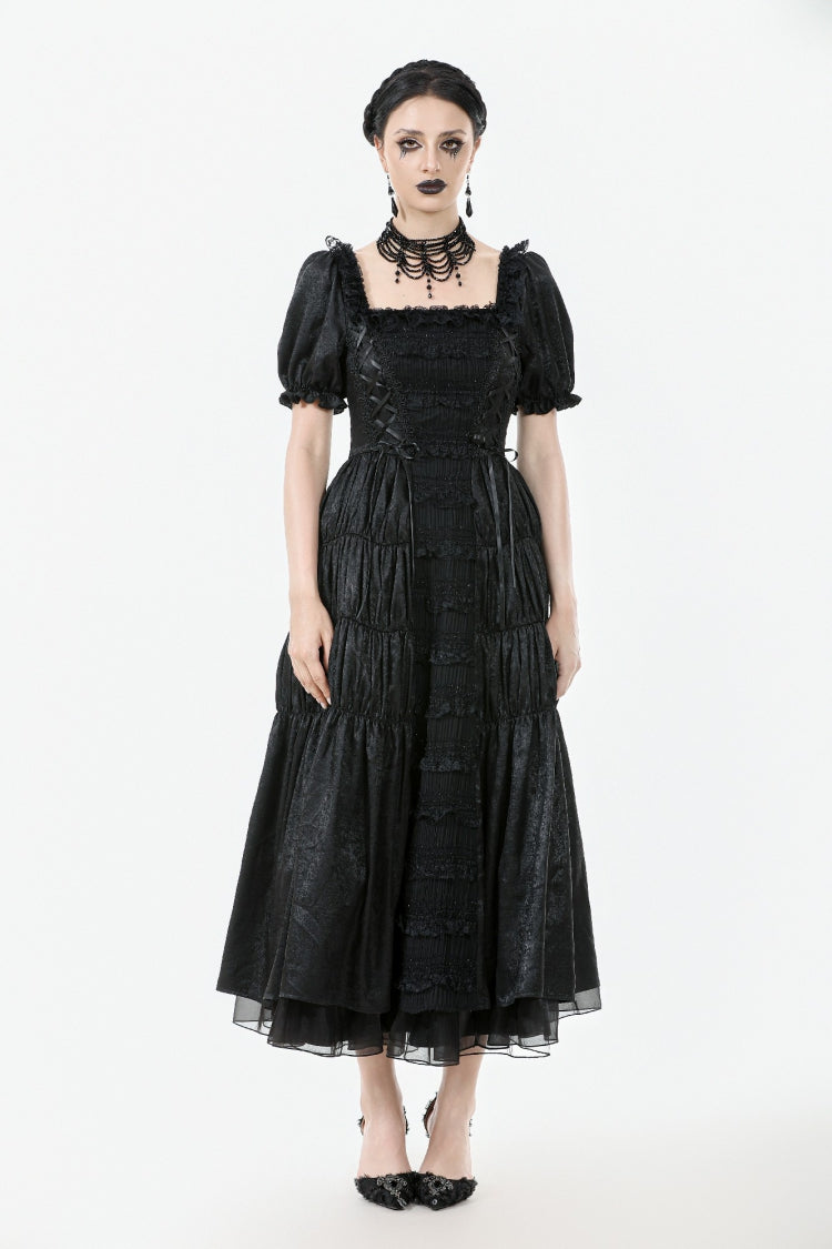 Square Collar Short Puff Sleeve Lace-Up Ruched Gothic Wedding Dress for Women Lace