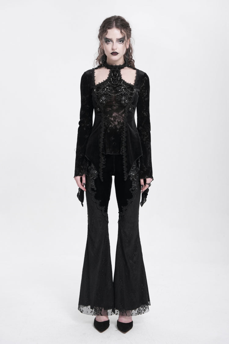 Graceful Black Jacquard Embroidered Trumpet Sleeve Halter Gothic Blouse