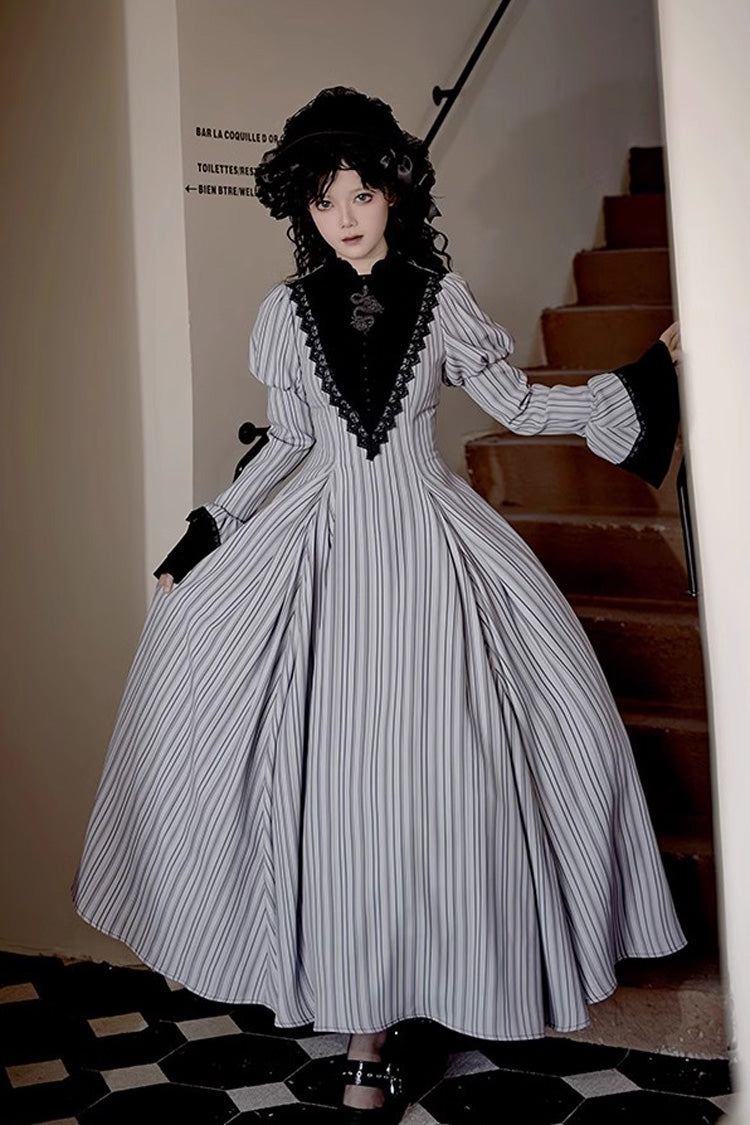Grey Vertical-Stripe Bow Lace Gothic Gown