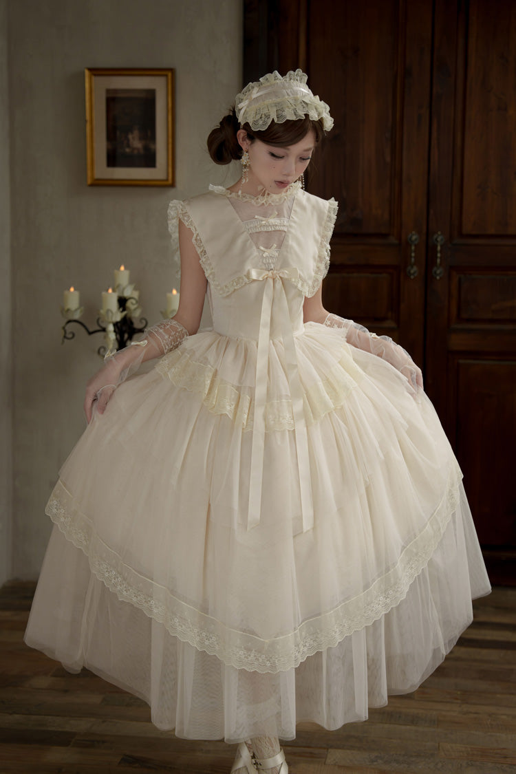 Ivory Elegant Dress with Triple Ruffles and Bow Embellishments - Dream by the Pillow