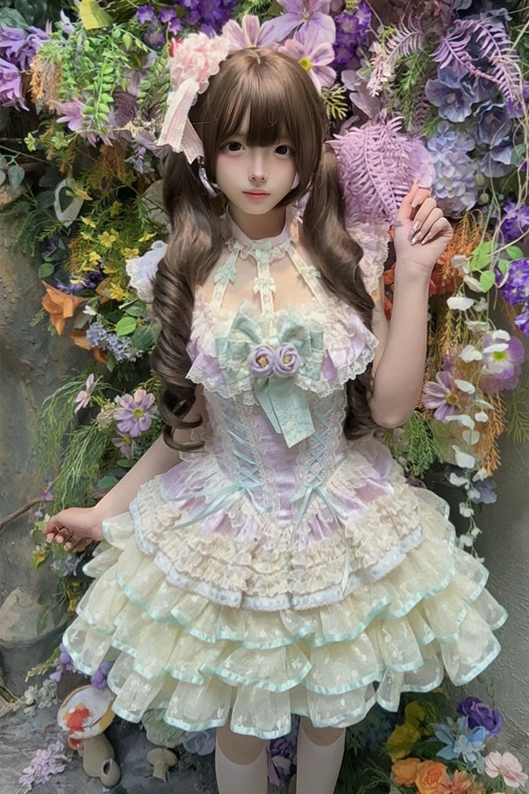 Flower Language of Eros Violet Halterneck Ruffle Bowknot Rose Lace-Up Ballet Lolita JSK - Flower Language of Eros