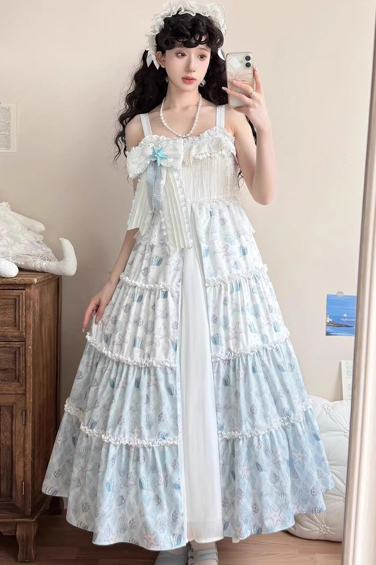 Elegant Princess Bowknot Cardigan Lace Light Blue Shell Print Jsk Dress