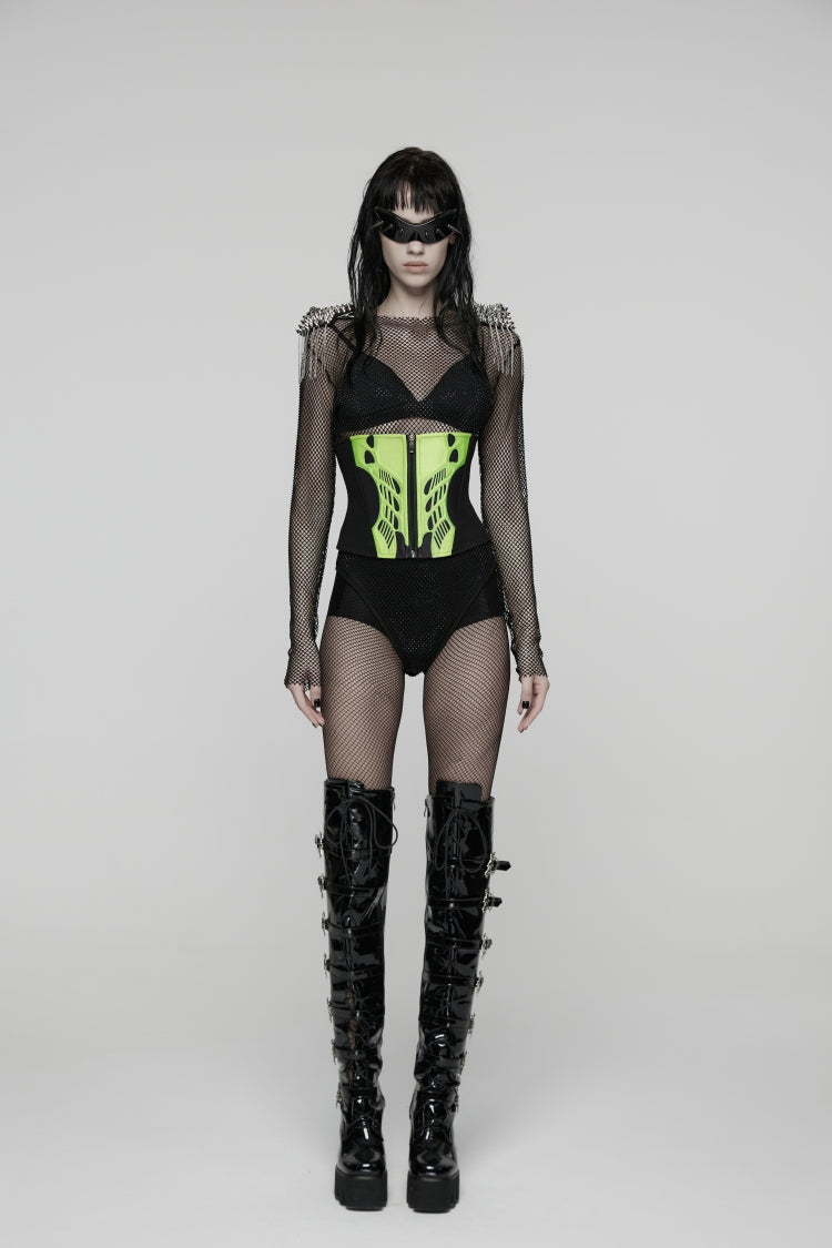 Lace-Up Slim Mesh Color-Blocked Zippered Corset - Punk